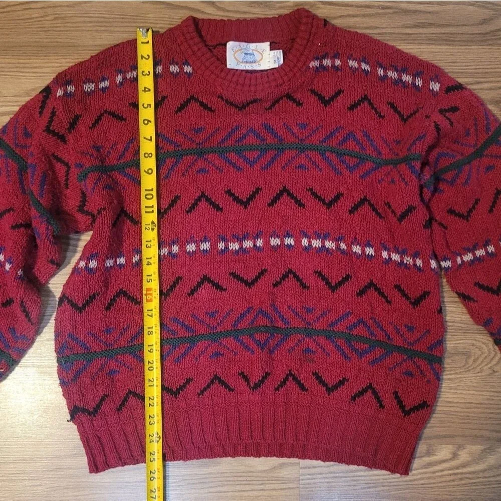 Red and Black Crewneck Sweater with Geometric Patterns